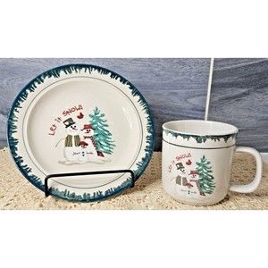 Set of Atico Intl. "Let it Snow" Snowman Single Dessert Plate & Coffee Mug 1998